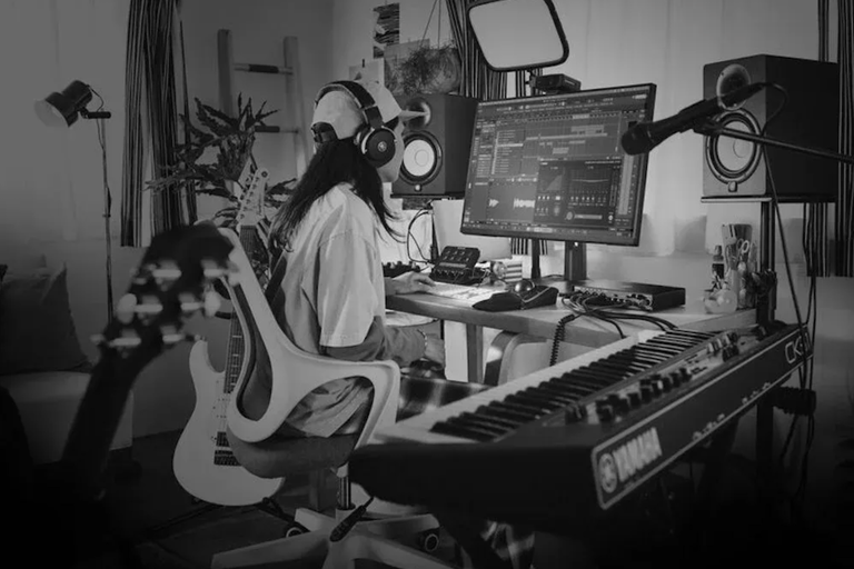 Black and white Alice Naish photo of a Yamaha artist producing music in a home studio, sitting at a desk with a Yamaha keyboard and computer DAW.